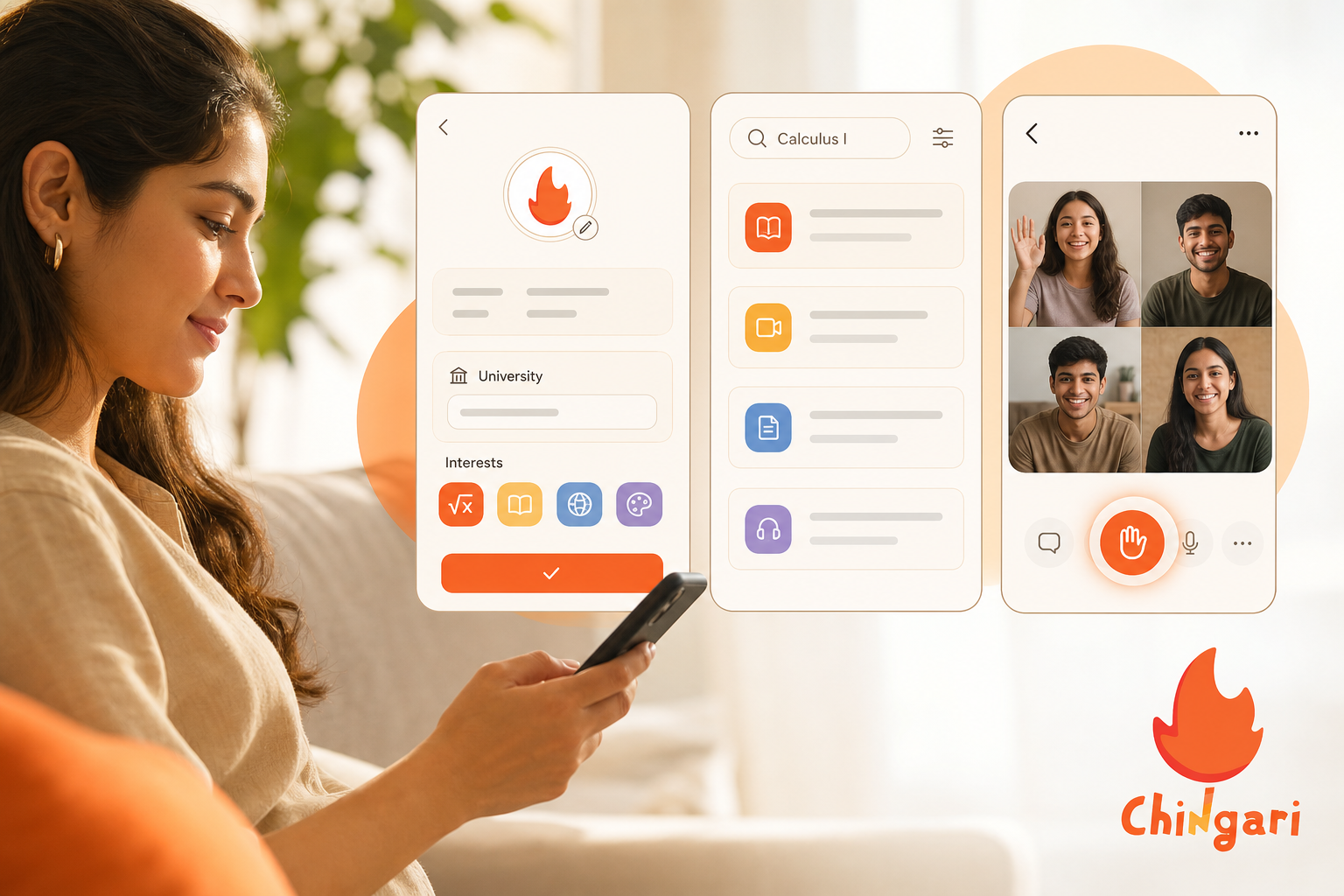 step-by-step phone UI mock showing profile setup, searching topics, and tapping “raise hand” in an audio room