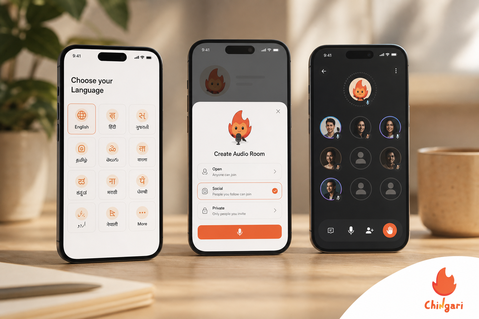 step-by-step mobile screens showing language selection, creating a live audio room, and inviting speakers