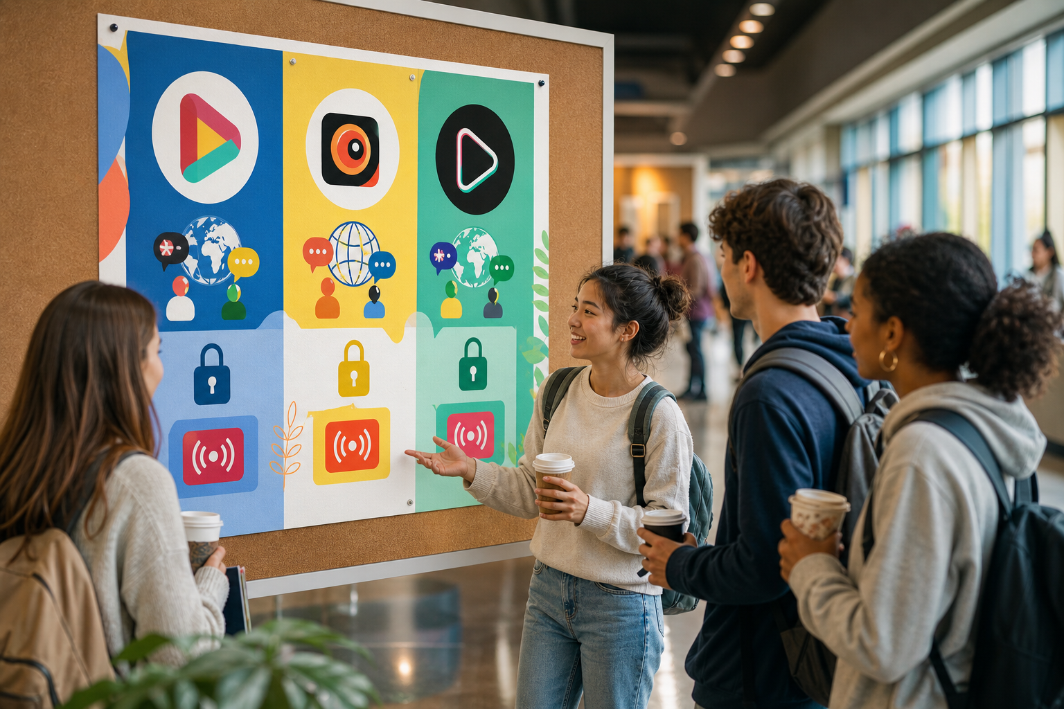 students comparing short video apps on a campus noticeboard