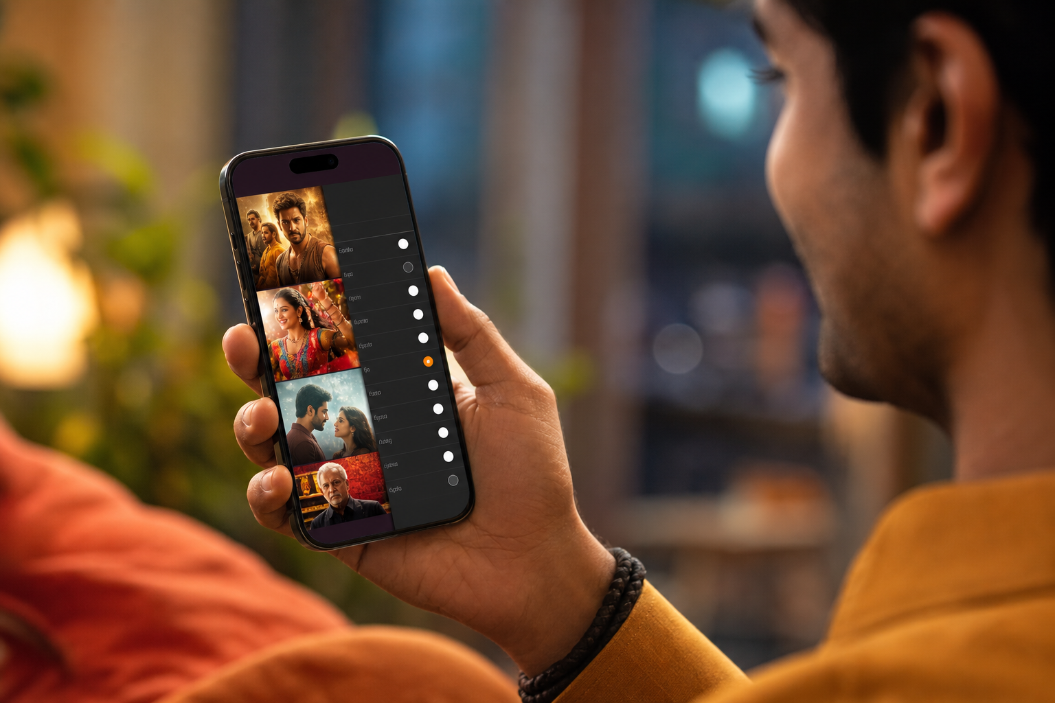 indian language video platform feed personalization on a smartphone, showing multiple Indian scripts (Tamil, Bengali, Kannada, Marathi, Telugu) and a settings panel highlighting language preferences