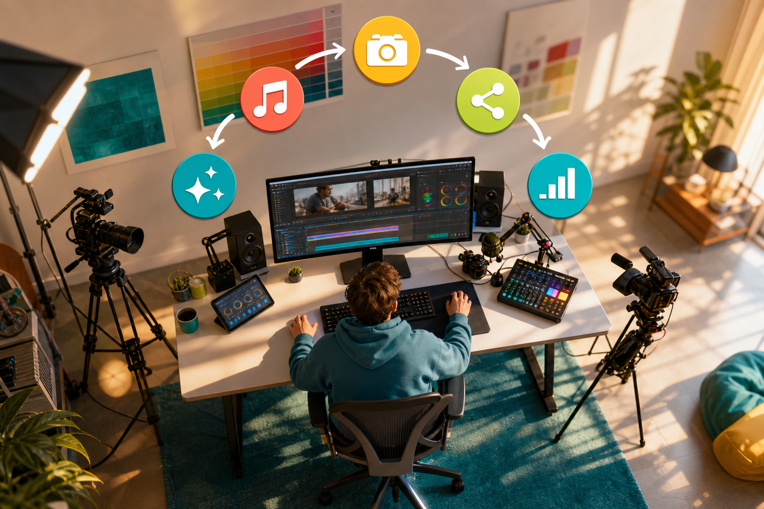 Infographic summarizing beginner workflow: choose sound → add one effect → record → publish → review