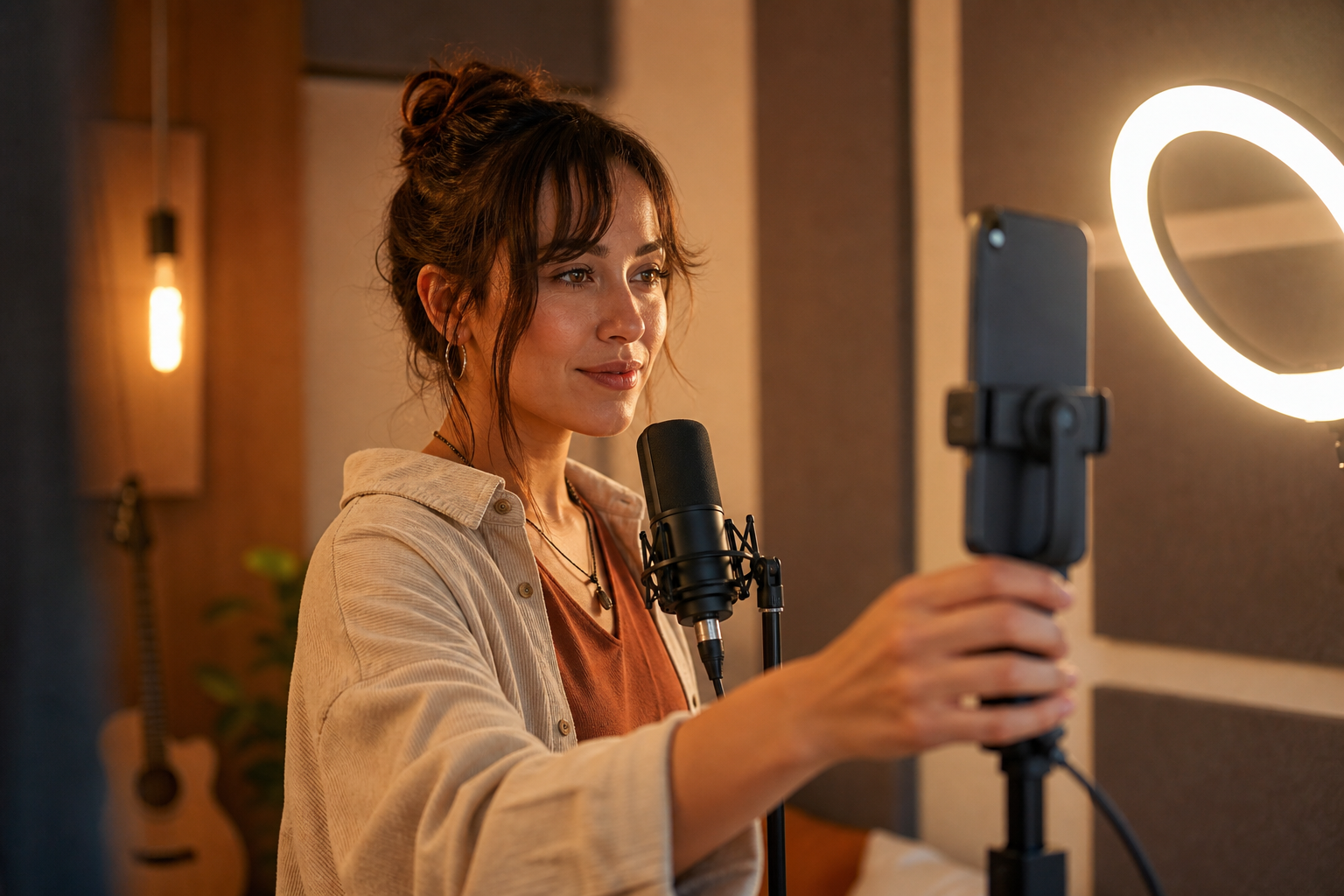 phone filming setup for a singer at home studio