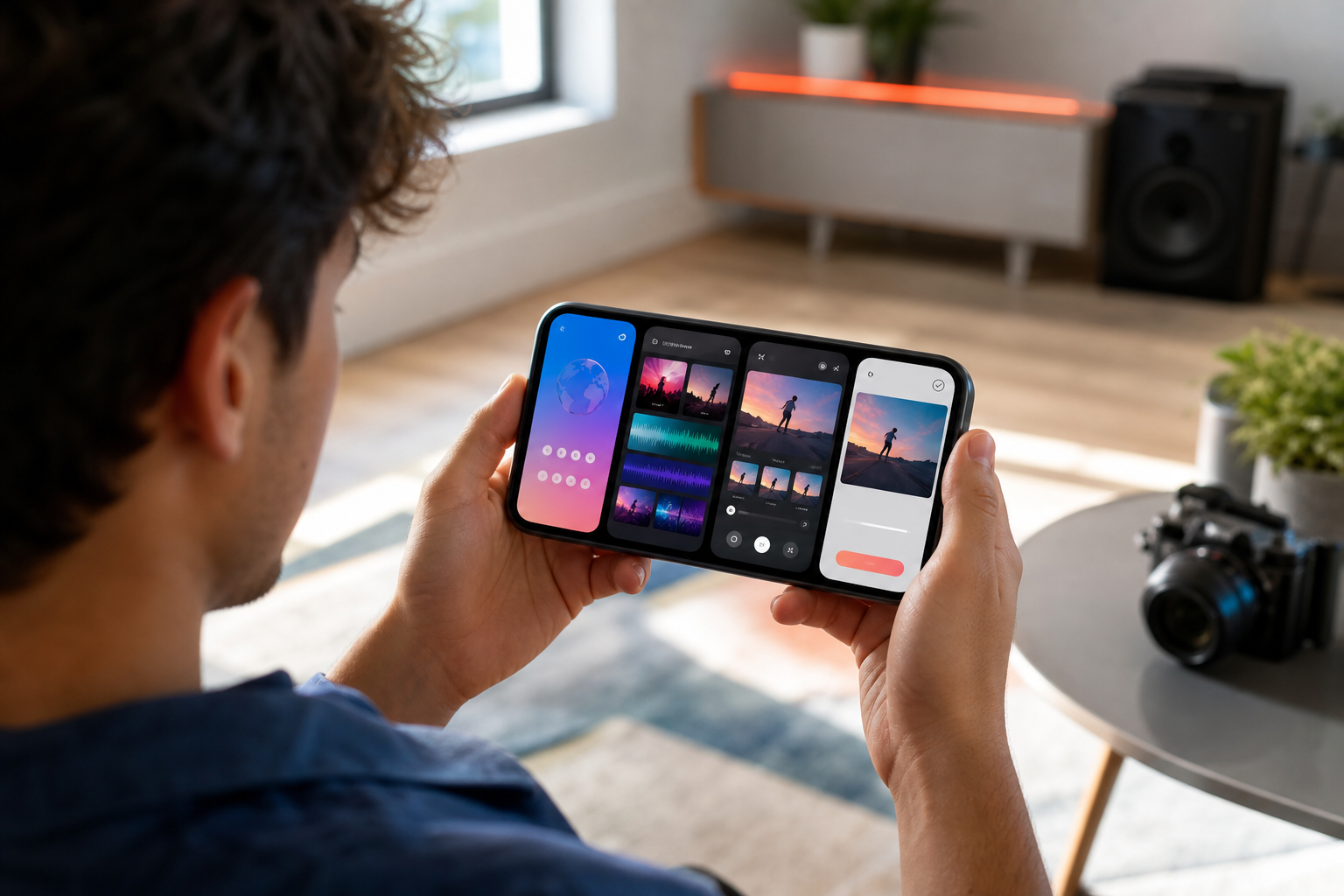 Step-by-step mobile editor walkthrough for recording, adding music, applying one effect, and publishing