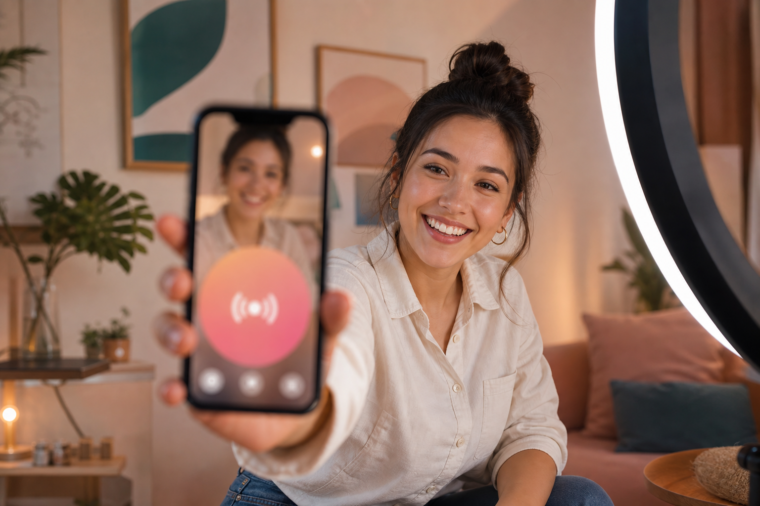 beginner live video streaming on mobile phone, soft lighting, portrait orientation, friendly UI with “Go Live” button highlighted, warm India-inspired color palette