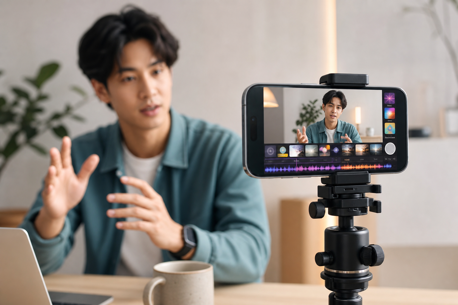 Creator recording a short video on a phone with on-screen effects and music timeline